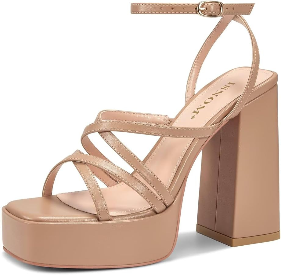ISNOM Platform Chunky Heels for Women, Block Heel Sandals with Open Square Toe and Ankle Strap | Amazon (US)