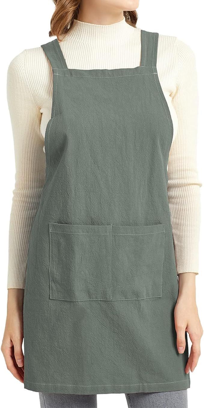 ELEZAY Aprons for Women with Pockets Plus Size Comfort Cross Back No Tie Cotton Linen Apron Pinaf... | Amazon (US)