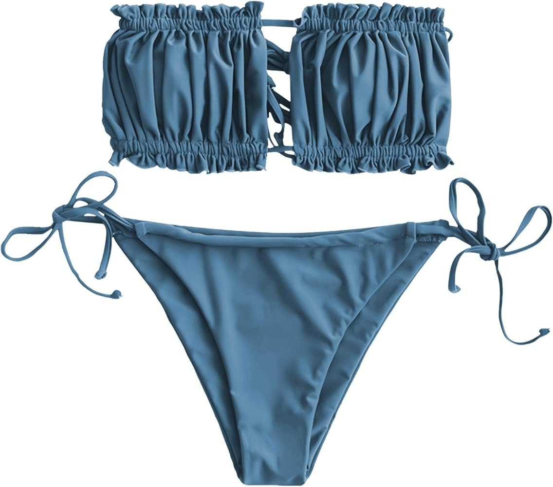 ZAFUL Women 2 Piece Strapless Bikini Swimsuits Ruffle Ribbed Self Tie Bandeau Bikini Set High Cut... | Amazon (US)