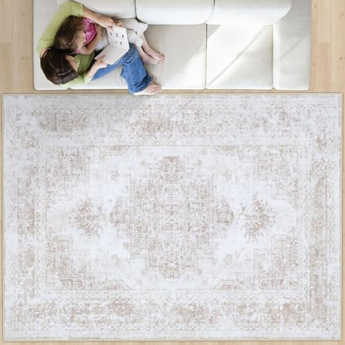 XLUEZ Area Rug 8x10 Living Room Rug, Machine Washable Vintage Distressed Medallion Rug Non-Slip Soft Low Pile Large Indoor Rugs for Bedroom Kitchen Dining Room Office(Beige,8'x10') | Amazon (US)