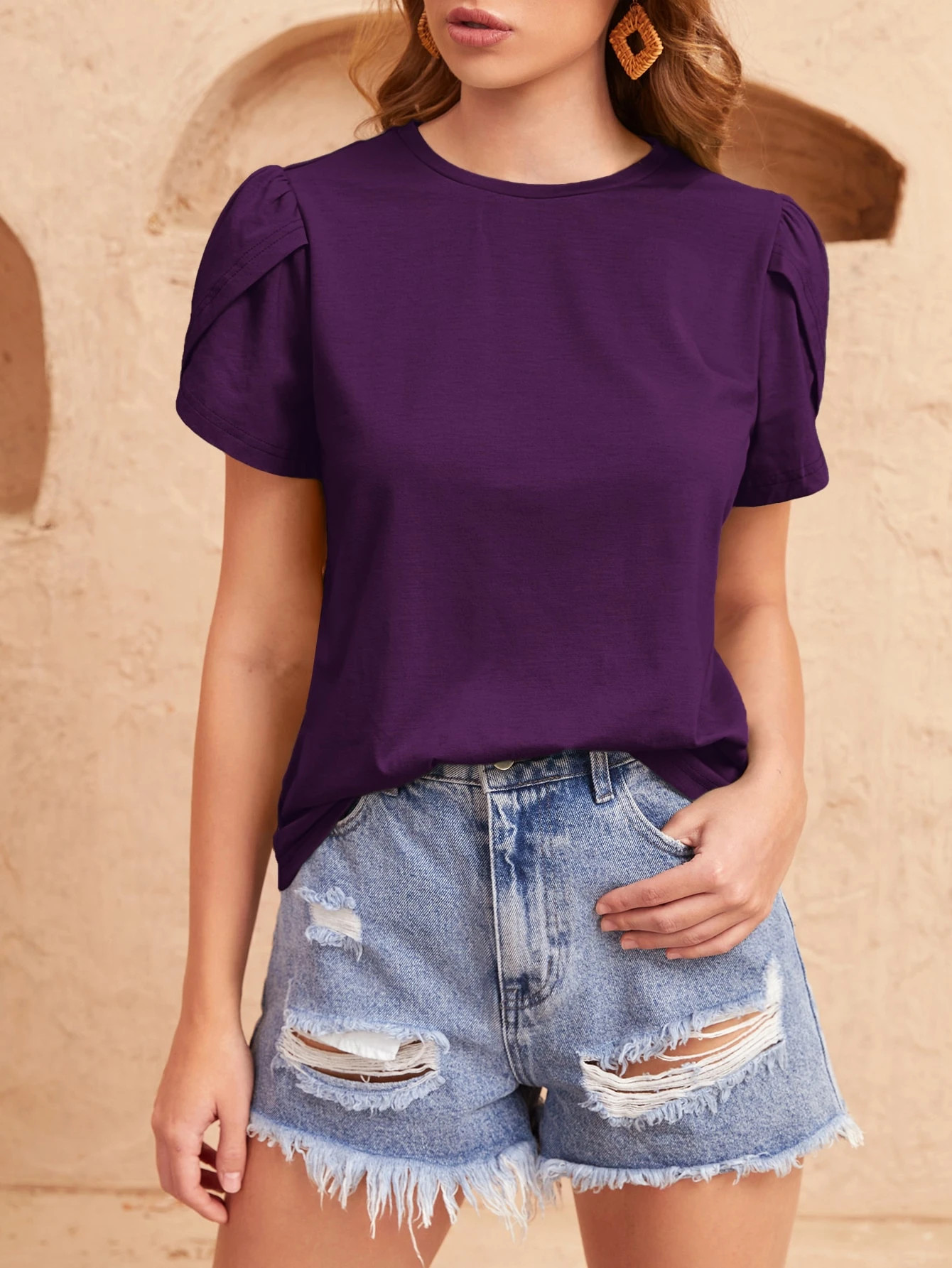 SHEIN Clasi Solid Petal Sleeve Tee | SHEIN