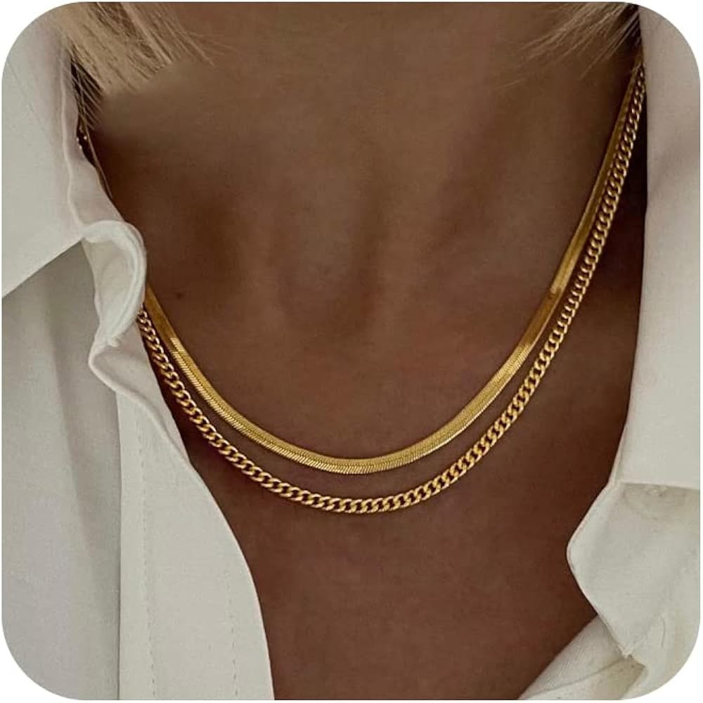 Foxgirl Dainty Gold Necklace for Women, 14k Gold Plated Layered Herringbone Necklace Set Simple G... | Amazon (US)