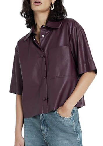 Faux Leather Shirt Women Loose Fit Short Sleeve PU Leather Button Down Crop Shirt with Pocket Wine | Amazon (US)
