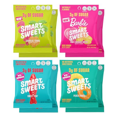 SmartSweets Variety Pack Candy, 1.8oz (Pack of 8), Candy With Low Sugar & Calorie, Healthy Snacks For Kids & Adults - Sweet Fish, Peach Rings, Tropical Sours, Barbie Pink Lemonade Dream | Amazon (US)