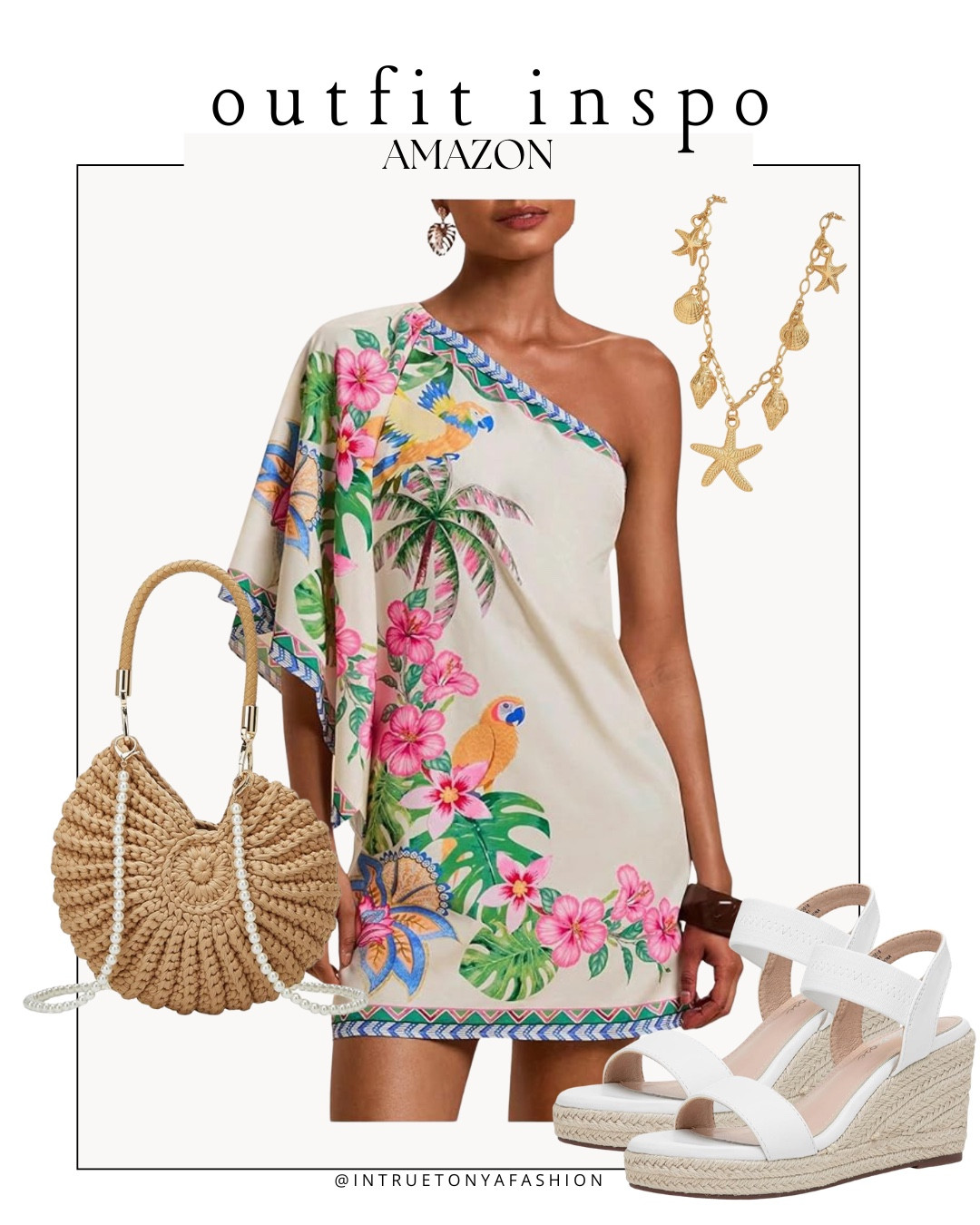 Resort wear from Amazon — off the shoulder tropical dress, wedge espadrille heels, seashell purse, and seashell necklace 





vacation outfits, tropical outfits, beach outfits, beach clothes, resort wear 2026, summer outfits, beach vacation outfit, date night outfit, cruise outfit, cruise dress, beach dresses, 

#LTKSeasonal #LTKSaleAlert #LTKTravel