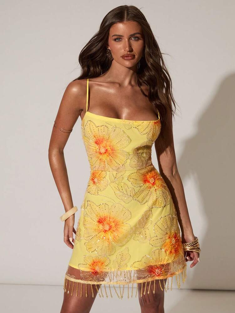 SHEIN BAE Spring/Summer Women's Beaded Sequin Gorgeous Floral Pattern Sexy Fashionable Spaghetti Strap Mini Dress Perfect For Beach Vacations, Beach Getaways, Sister Outings, Elegant Gatherings, Romantic Dates, Date Dresses, Going-Out Dresses, Birthday Parties, Sister Reunions, Elegant Sexy Dresses, Versatile Dresses, Yellow Dresses, Yellow Shimmering Dresses | SHEIN