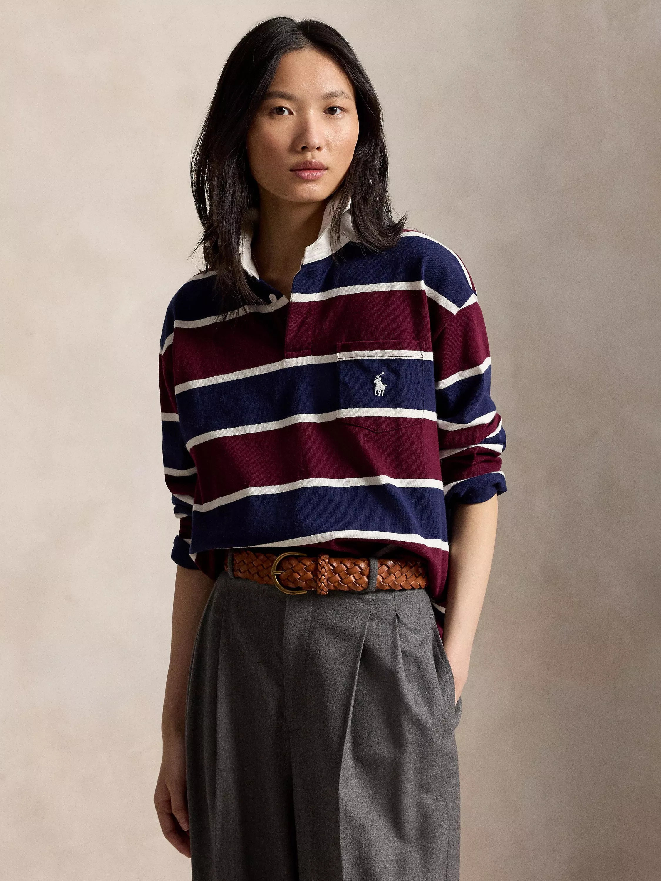 Polo Ralph Lauren Striped Cotton Rugby Shirt, Harvard Wine/Multi | John Lewis (UK)