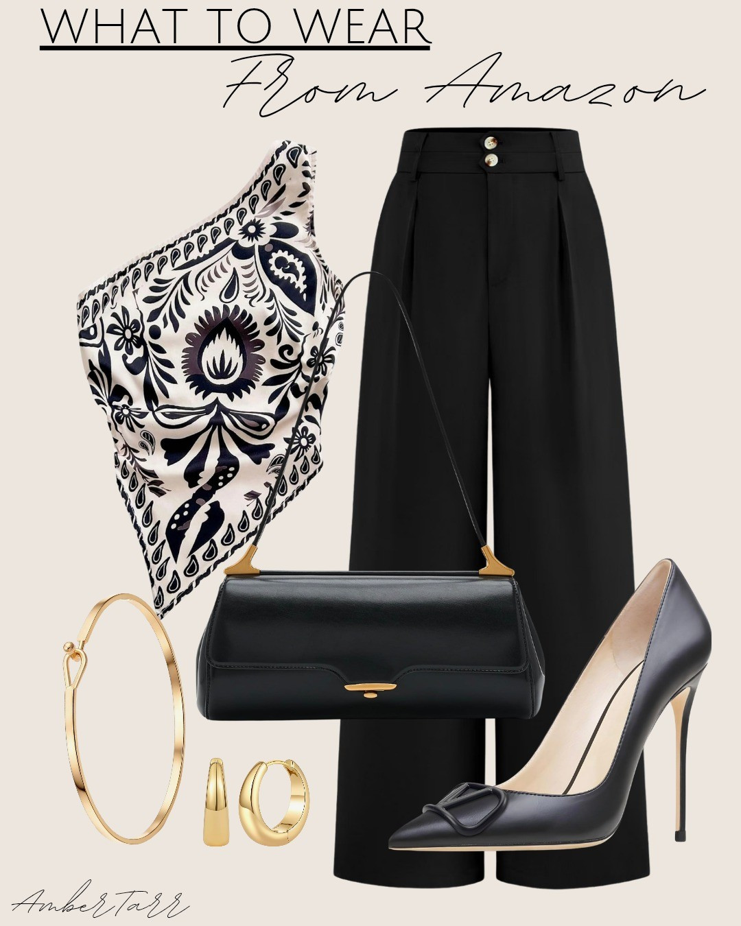 This printed scarf top paired with wide leg trousers, a shoulder bag with hardware, pointed toe heels, a bangle bracelet, and gold hoop earrings is such a sophisticated and polished outfit that feels effortlessly elegant and put together.

#LTKgrwm #LTKootd #LTKOver40