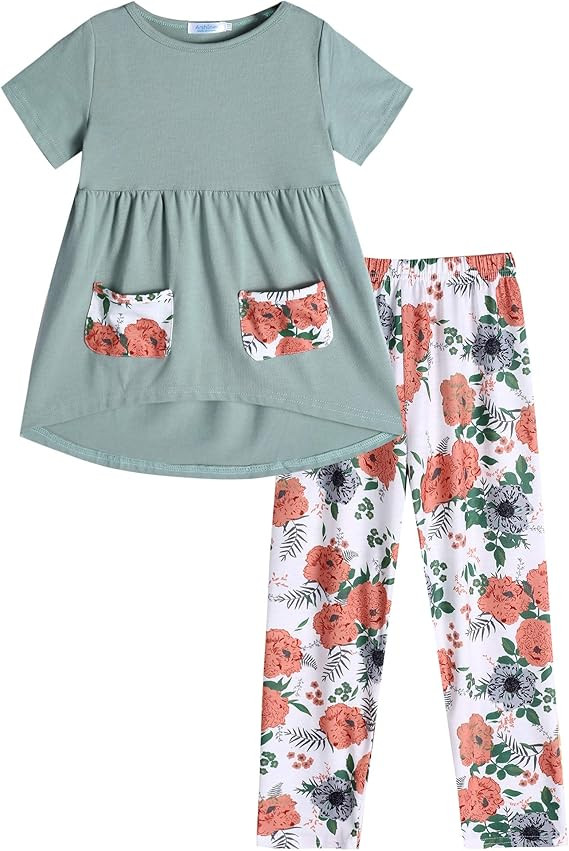 Arshiner Toddler Girls Outfits Floral Hi-Lo Tops+pants Sets Short SLeeve 2pcs Pants Sets with Poc... | Amazon (US)