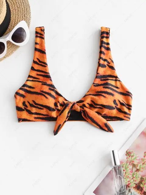 ZAFUL Tiger Animal Print Knot Bikini Top - Tiger Orange M | ZAFUL (Global)