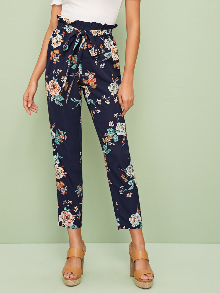 Floral Print Paperbag Waist Self Belted Pants | SHEIN