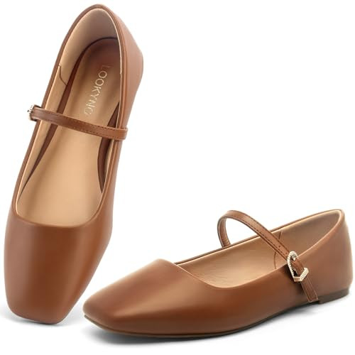 Womens Ballet Mary Jane Flats Shoes Adjustable Strap Square Closed Toe Chic Footwear with Latex I... | Amazon (US)