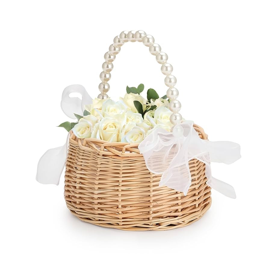 Wicker Flower Girl Basket, Wedding Flower Girl Basket with Pearl Handle and Ribbon Bow, Small Eas... | Amazon (US)