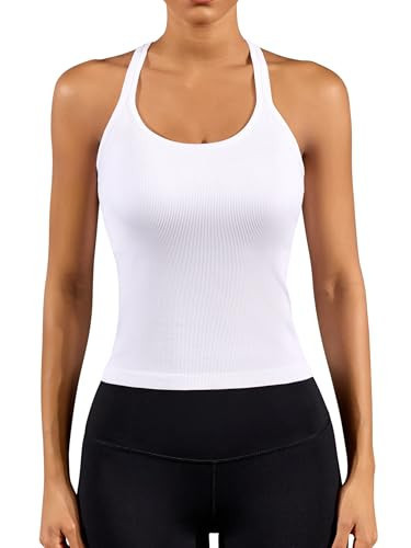 ATTRACO Built in Bra Tank Tops for Women Cami Workout Tank Ribbed Athletic Crop Tops Slim White XL | Amazon (US)