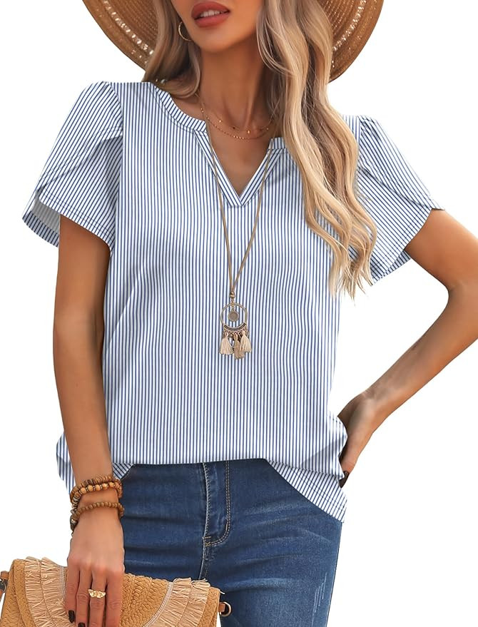 OFEEFAN Boho Tops for Womens Blouses Dressy Casual Petal Short Sleeve Shirts Plus Size Spring Sum... | Amazon (US)