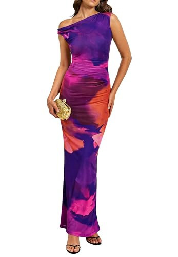 PRETTYGARDEN Women Summer Floral One Shoulder Bodycon Maxi Dresses Ruched Mesh Beach Wedding Guest Dress Vacation Outfits(Dark Purple,Medium) | Amazon (US)