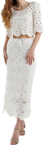 Lace 2 Piece Skirt Sets for Women Round Neck Hollow Out Top Drawstring High Waist Maxi Skirt Eleg... | Amazon (US)