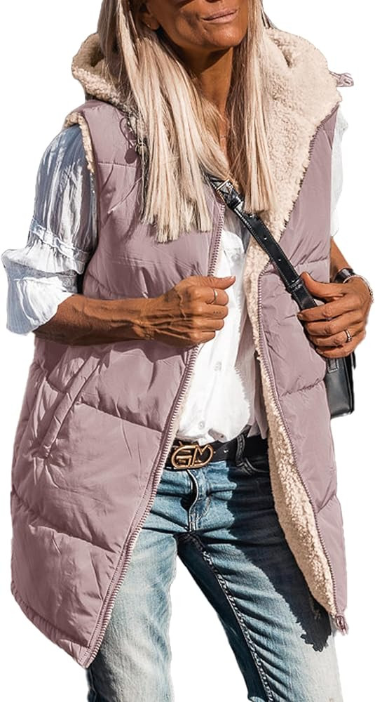 Womens 2023 Fall Reversible Vests Sleeveless Fleece Jacket Zip Up Hoodie Pockets Long Warm Winter... | Amazon (US)