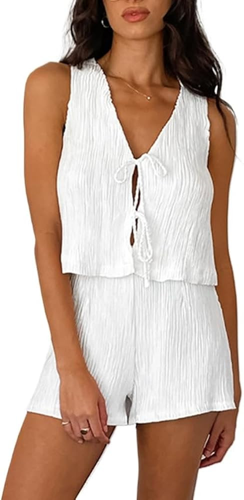 Women's white sleeveless front tie vest shorts two-piece set Sleeveless Tops And Shorts Trendy Su... | Amazon (US)