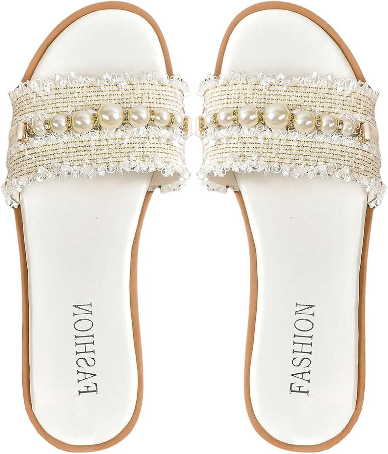 Verdusa Women's Pearl Flat Sandals Open Toe Tweed Slides Leather Slip On Sandals | Amazon (US)