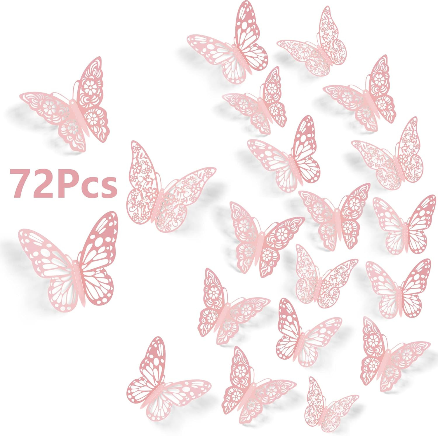 SAOROPEB 3D Wall Decor, 72 Pcs 3 Sizes 3 Styles, Pink Butterfly Decorations - Removable Stickers ... | Amazon (US)