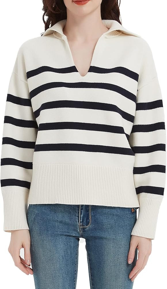 Women's Casual Striped Sweater Long Sleeve V Neck Collar Pullover Drop Shoulder Knitted Jumper To... | Amazon (US)