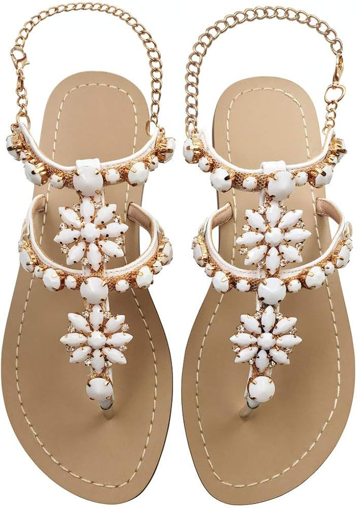 Monrovia Women's Crystal with Rhinestone Bohemia Flip Flops Summer Beach Flat Sandals | Amazon (US)