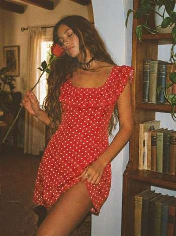 Woven Polka Dot U-neckline Ruffled A-line Mini Dress For Daily Casual Date | Cider