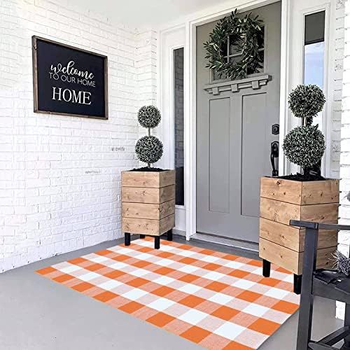 MUBIN Cotton Orange and White Plaid Rug, 3’ x 5’ Fall Outdoor Front Door Decorative Mat, Hand... | Amazon (US)