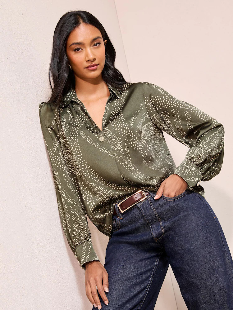 Friends Like These Khaki Print Long Sleeve Button Detail Collared Blouse | Next US