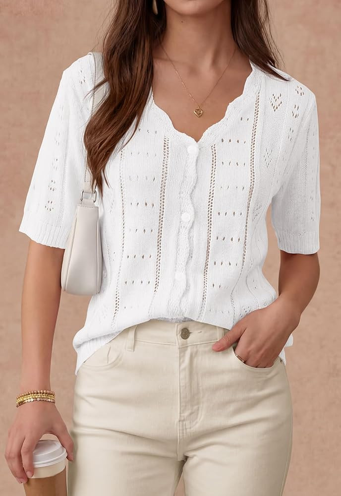 PRETTYGARDEN Womens Short Sleeve Crochet Knit Sweater Spring Fashion 2026 Button Down Lightweight... | Amazon (US)