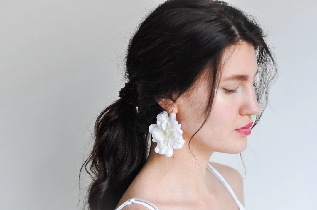 White Flower Wedding Earrings, Bridal Statement Earrings, Wedding Flower Earrings, Garden Party E... | Etsy (US)