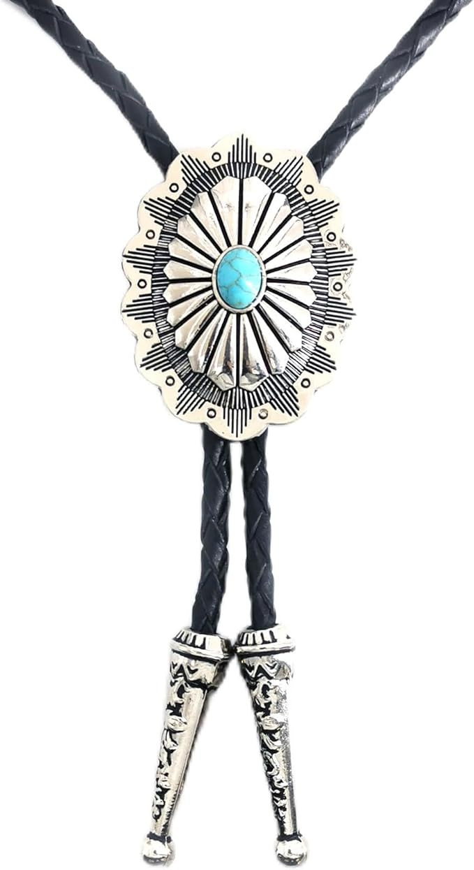 LAXPICOL Vintage Turquoise Stone Bolo Tie For Men Western Cowboy Oval Cool Retro Bola Tie Necktie | Amazon (US)