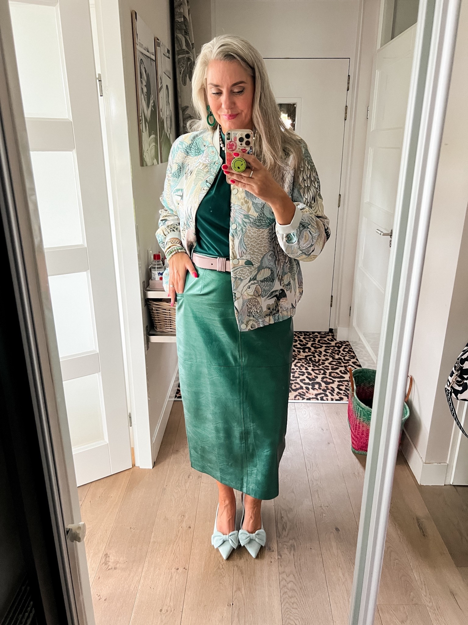OOTD - Sunday. Metallic green leather skirt (ly, Shoeby), bottle green top (L), blue kitten heels with bow detail (Norah), bomber jacket with parrot print (Norah)

#LTKeurope #LTKnederlands #LTKstyletip