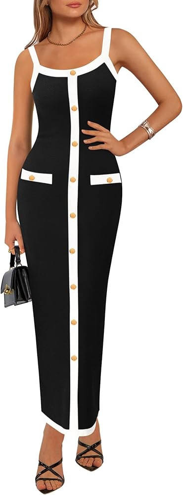 KIRUNDO Women's Semi Formal Business Casual Midi Dress 2025 Spring Summer Knit Color Block Button... | Amazon (US)