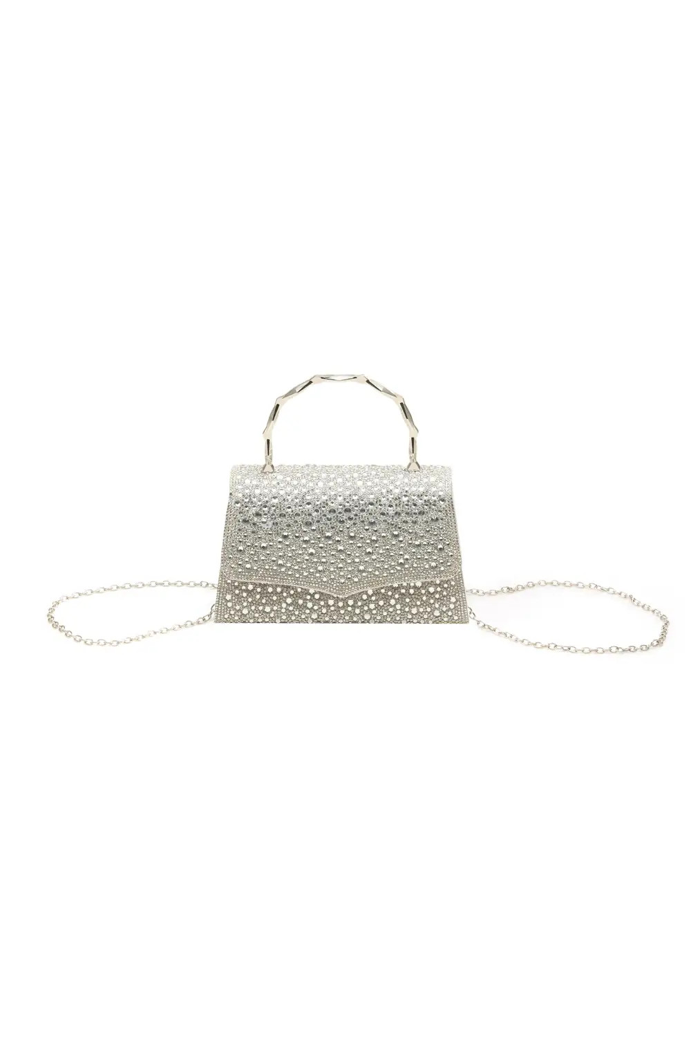 Silver MODISHION Rhinestone Evening Clutch Bag with Bamboo-Style Handle | Boohoo | Boohoo.com (UK & IE)