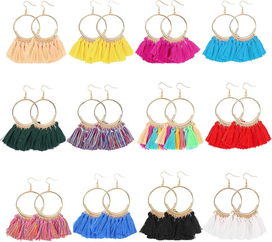 12 Pairs Bohemian Tassel Earrings Set-Trendy Colorful Fringe Summer Beach Statement Earrings for Wom | Amazon (US)