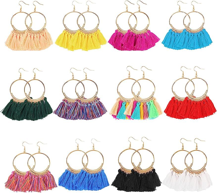 12 Pairs Bohemian Tassel Earrings Set-Trendy Colorful Fringe Summer Beach Statement Earrings for Wom | Amazon (US)
