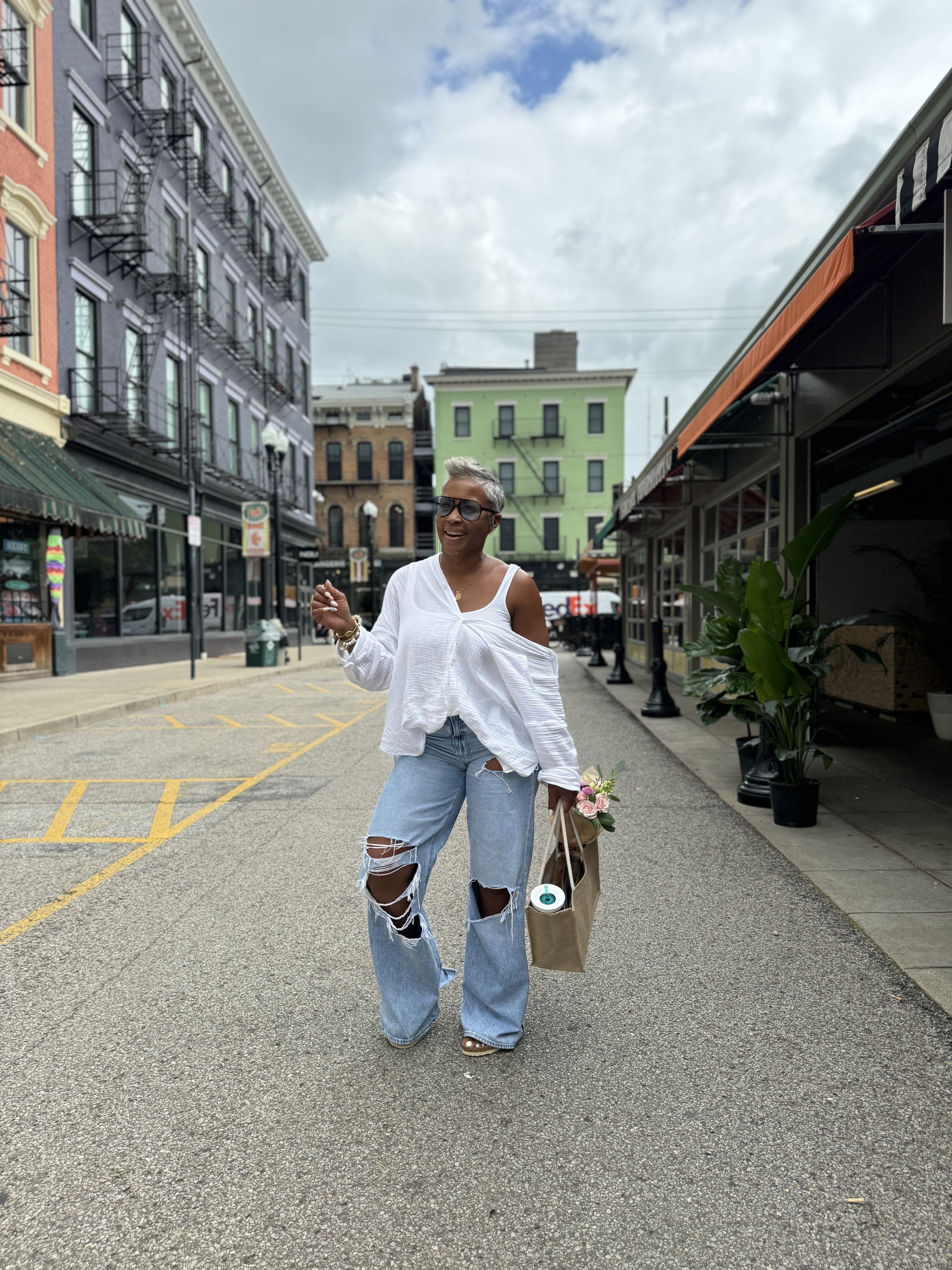 chic and comfy streetwear.fits tts | wearing a small fashion / feeling fab / vacation / travel / streetwear outfit / comfy outfit / style on-the-go / street style / vacation outfit / vacation looks / vacation style / distressed jeans / shirt dress / ootd / outfit inspo / silver hair / pixie haircut