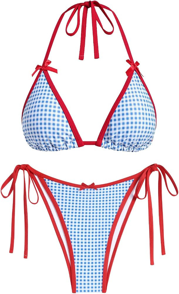 ZAFUL Bikini Sets for Women Halter Bow Decor Tiny Floral Gingham Print Swimsuit Tie Side 2 Pieces... | Amazon (US)