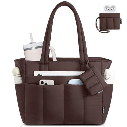 LOVEVOOK Puffer Tote Bag for Women Quilted Work Tote Handbags with Zipper 17.3 inch Teacher Nurse Bags for Office Travel Deep Coffee | Amazon (US)