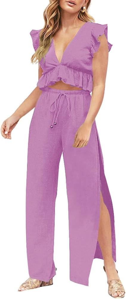 FANCYINN Womens 2 Pieces Outfits Deep V Neck Crop Top Side Slit Drawstring Wide Leg Pants Set Jum... | Amazon (US)