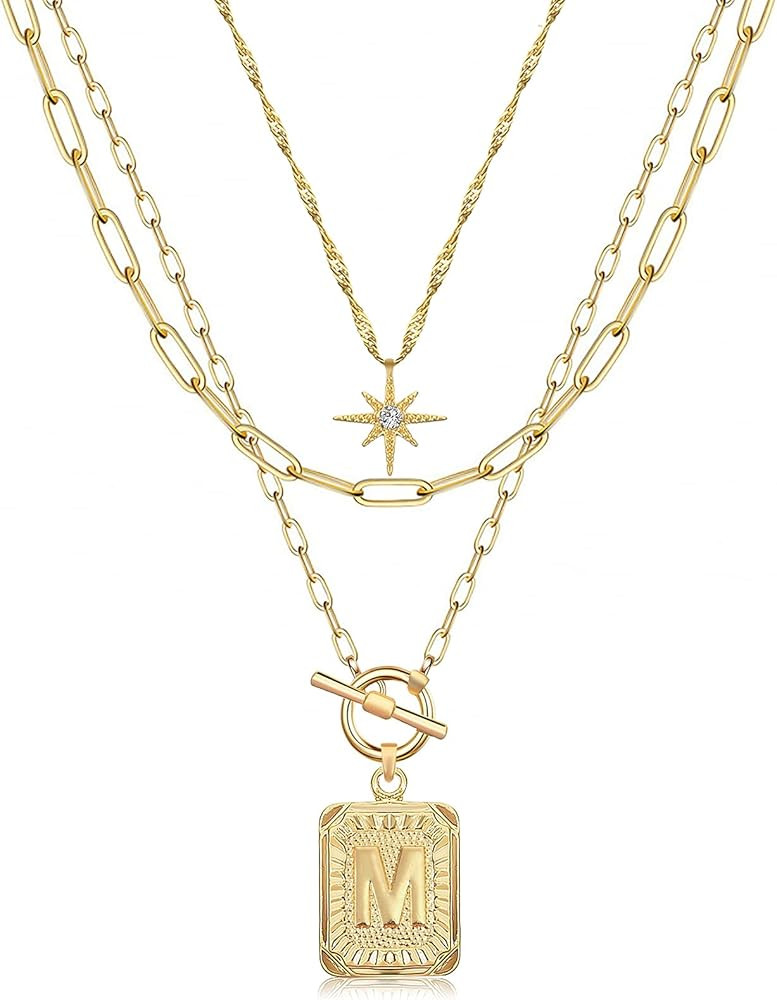 MJartoria Layered Initial Necklaces for Women Trendy, 14K Gold Plated Simple Star Choker Square L... | Amazon (US)