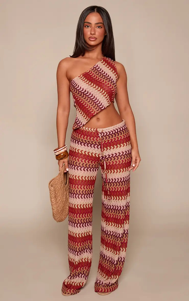Petite Multi Patterned Tie Front Straight Leg Crochet Trousers | PrettyLittleThing UK