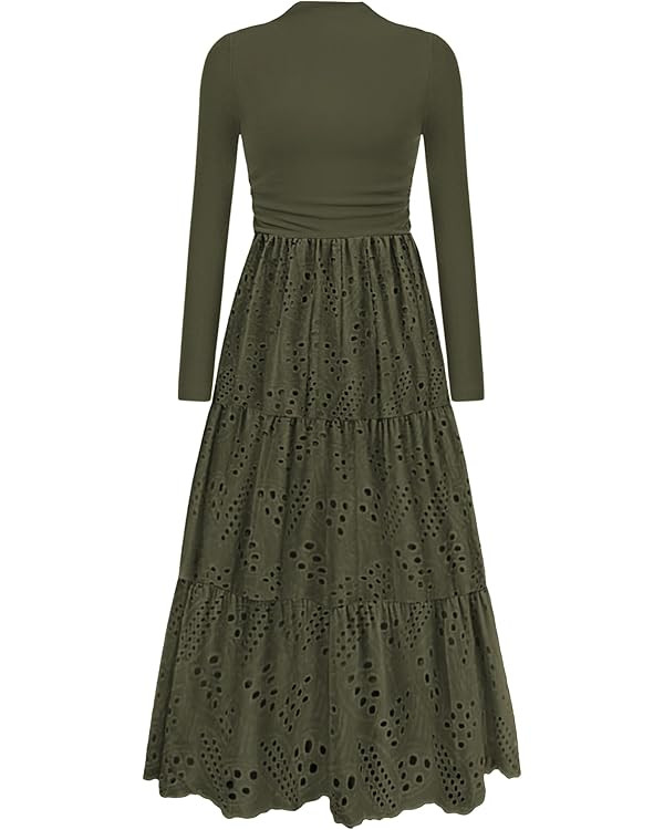 PRETTYGARDEN Long Sleeve Dress for Women 2025 Fall Eyelet Mock Neck A Line Elegant Classy Maxi We... | Amazon (US)