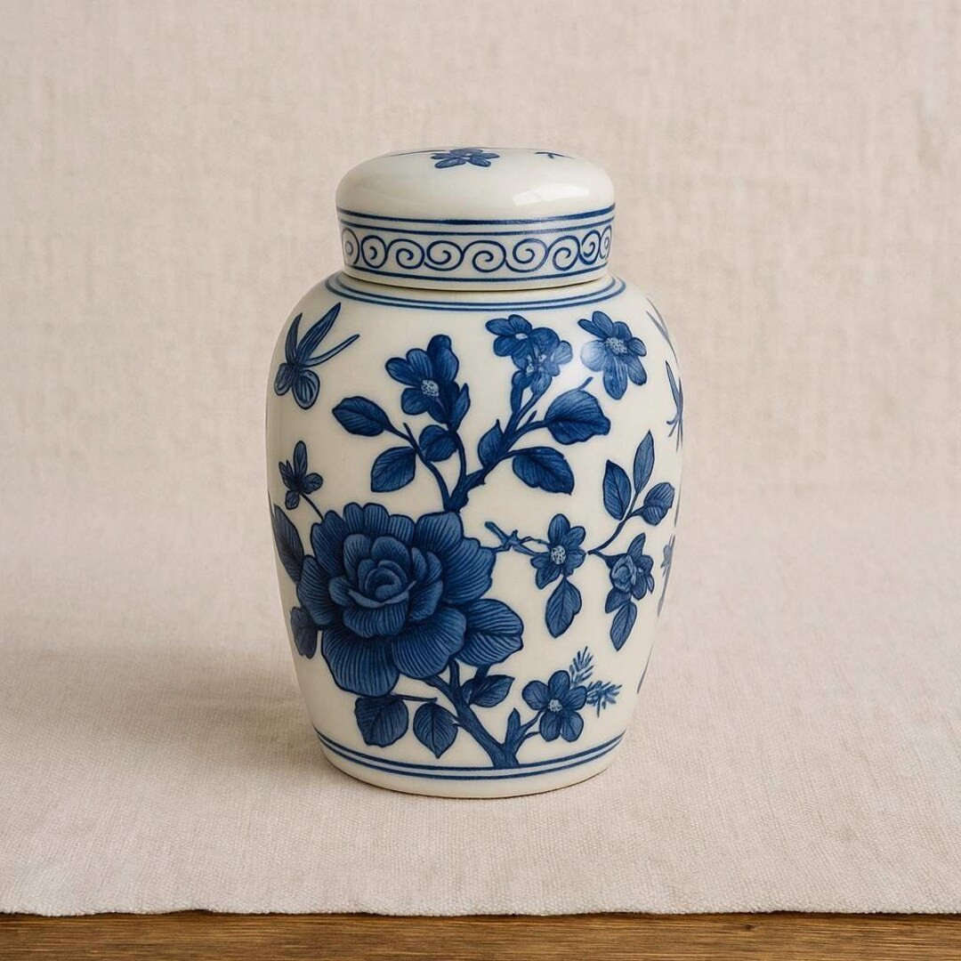 Vintage Blue & White Porcelain Ginger Jar – Asia Stamped, Floral Butterfly Motif - Etsy | Etsy (US)