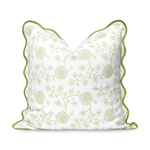 Hofdeco Premium Coastal Patio Indoor Outdoor Scalloped Throw Pillow Cover Only, 20"x20" Water Repellent for Backyard, Couch, Green Print Dahlia Floral | Amazon (US)