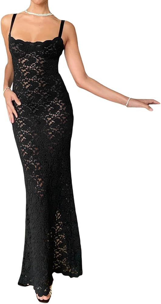 Women Lace Dress Sexy See Through Mesh Floral Patchwork Midi Long Dress Sleeveless Cover Up Maxi ... | Amazon (US)