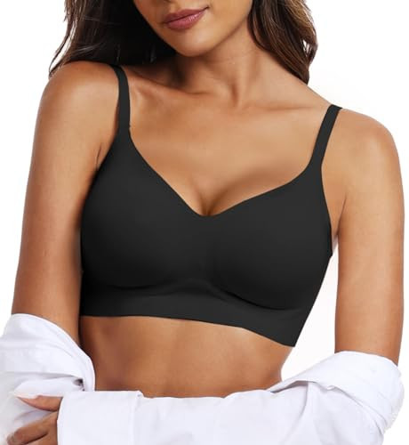 OEAK Womens Push Up Everyday Bras Comfortable Wireless Bralettes V Neck Seamless Bra Smooth Brassiere Wire Free Basic Bras Black 3XL | Amazon (US)