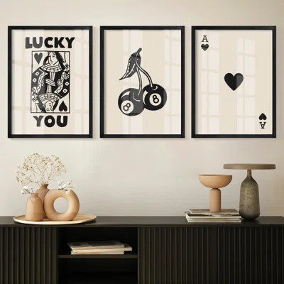Framed Set Of 3 Poker Wall Art Lucky You Poster, Trendy Retro Print Wall Decor For Queen Of Hearts Wall Art Rustic Vintage Farmhouse Home Wall Decor(B | Wayfair North America